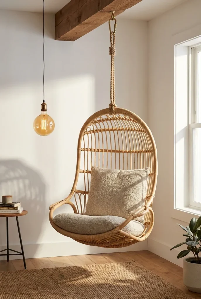 Ceiling-mounted rattan egg chair in white reading room showing timber joist hardware, boucle cushion, and warm Edison pendant lamp.