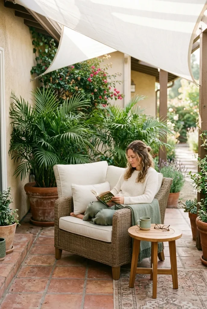 Cozy patio reading nook with rattan armchair, white sail shade, teak side table, and potted palms on terracotta tile.