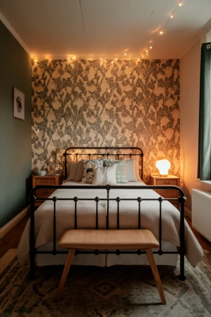 A cottagecore bedroom done right with one accent wall, mismatched nightstands, and warm lamp glow.