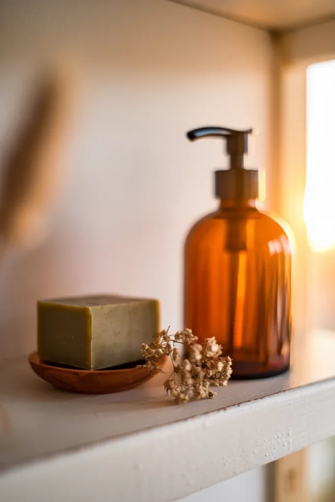 Amber glass soap pump and olive oil soap bar on a small wooden dish.