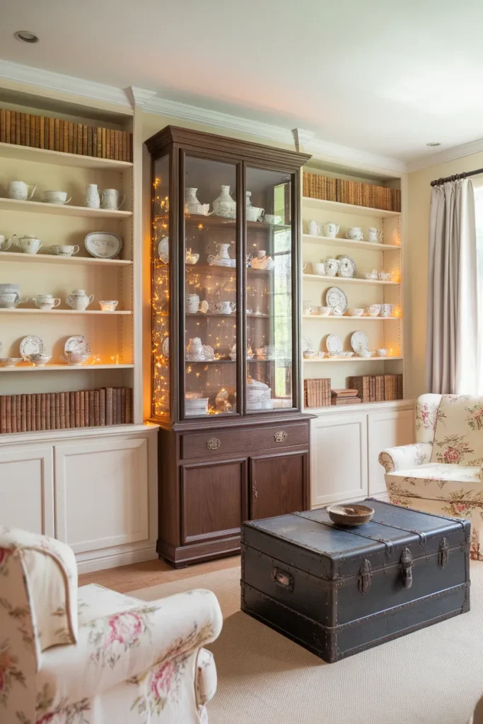 Antique glass front hutch displaying china and books along a cottagecore living room wall