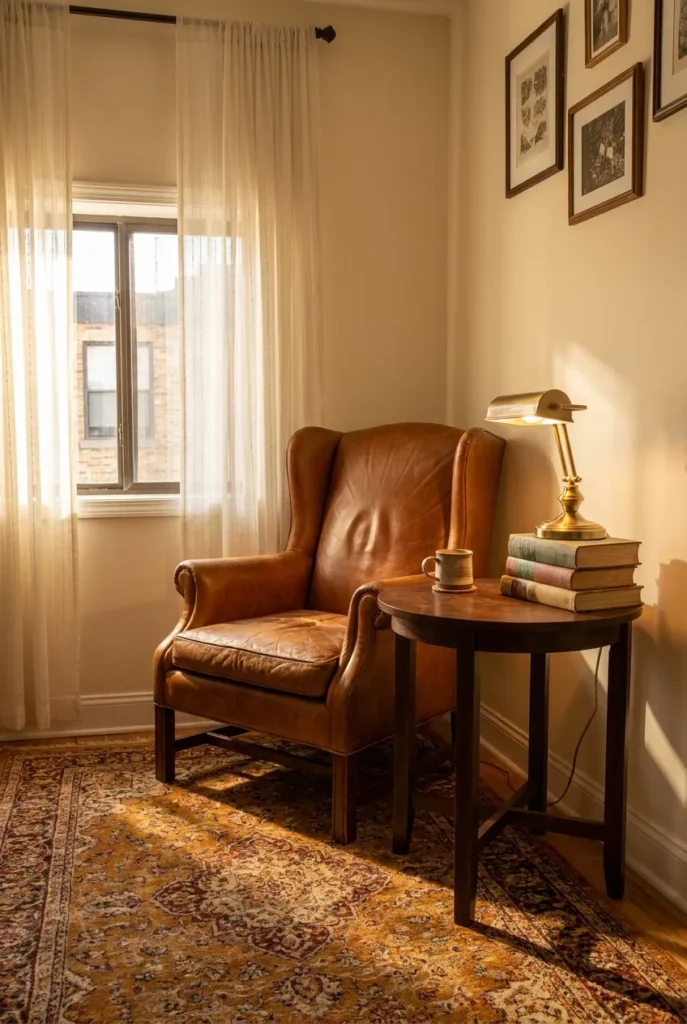 Antique reading corner with leather wingback chair, brass lamp, and stacked books in warm afternoon light.