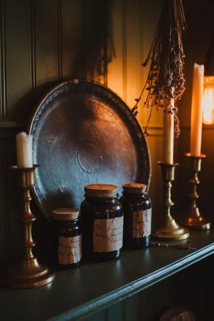Apothecary jars and dried herbs styled on a dark cottagecore kitchen shelf.