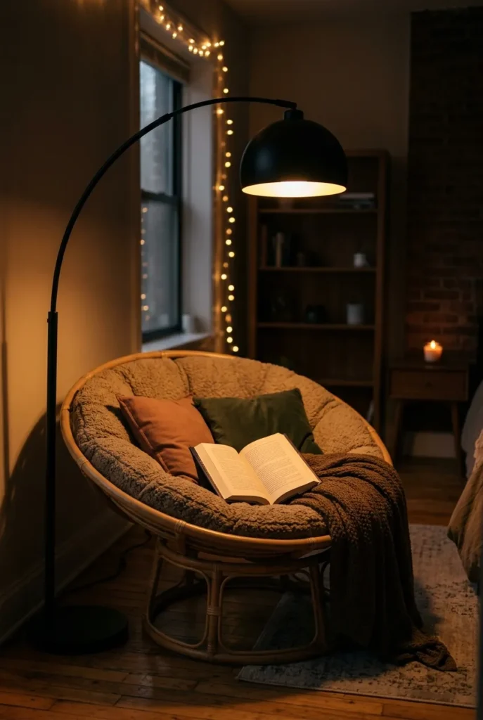 Arc lamp casting warm light over an open book in a papasan reading nook at night.