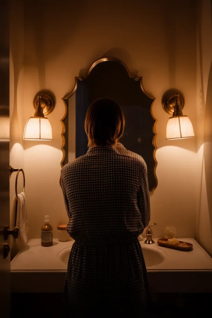 Arched bathroom mirror flanked by two warm brass plug-in sconces at night