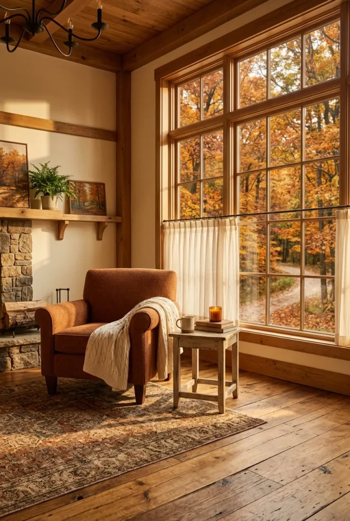 Armchair angled toward a golden autumn window in a cozy fall reading nook.