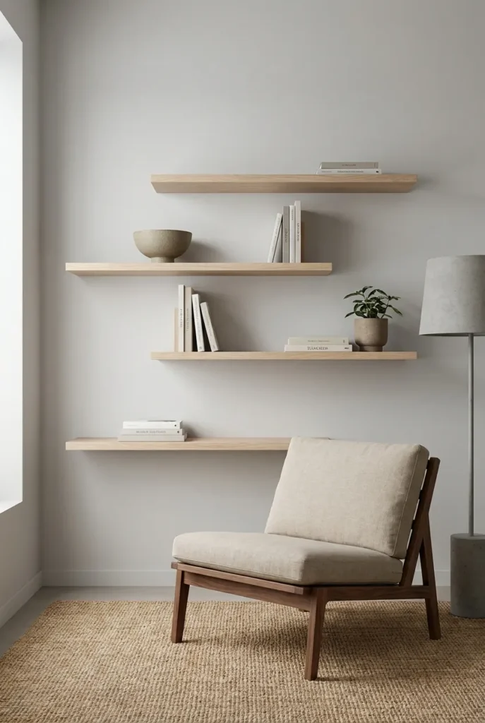 Asymmetric ash floating shelves at offset heights above a minimalist walnut reading chair.