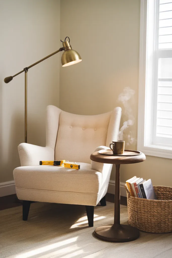 Awkward corner turned reading nook with an angled armchair, side table, and swing arm lamp