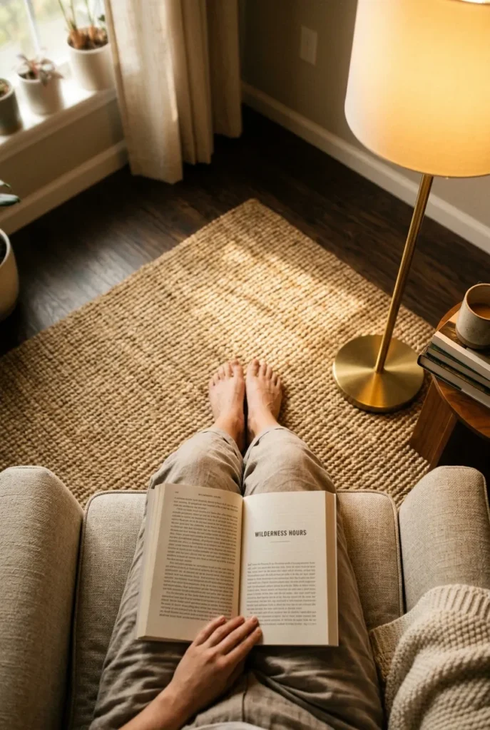 Bare feet on a jute rug in front of a fall reading nook chair.