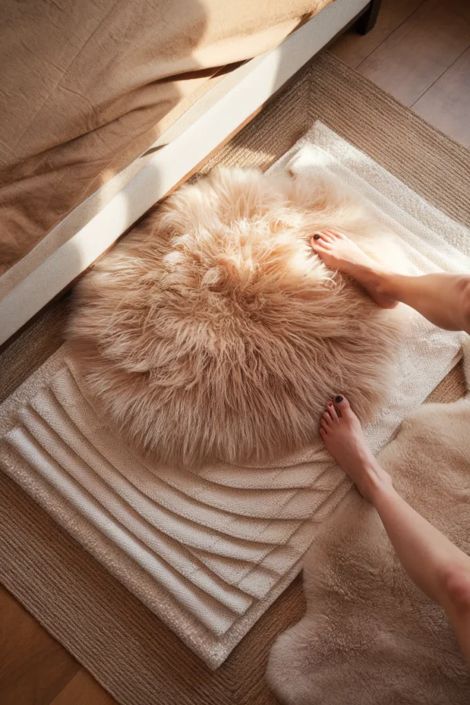 Bare feet on a layered jute and sheepskin rug in a warm cozy bedroom.
