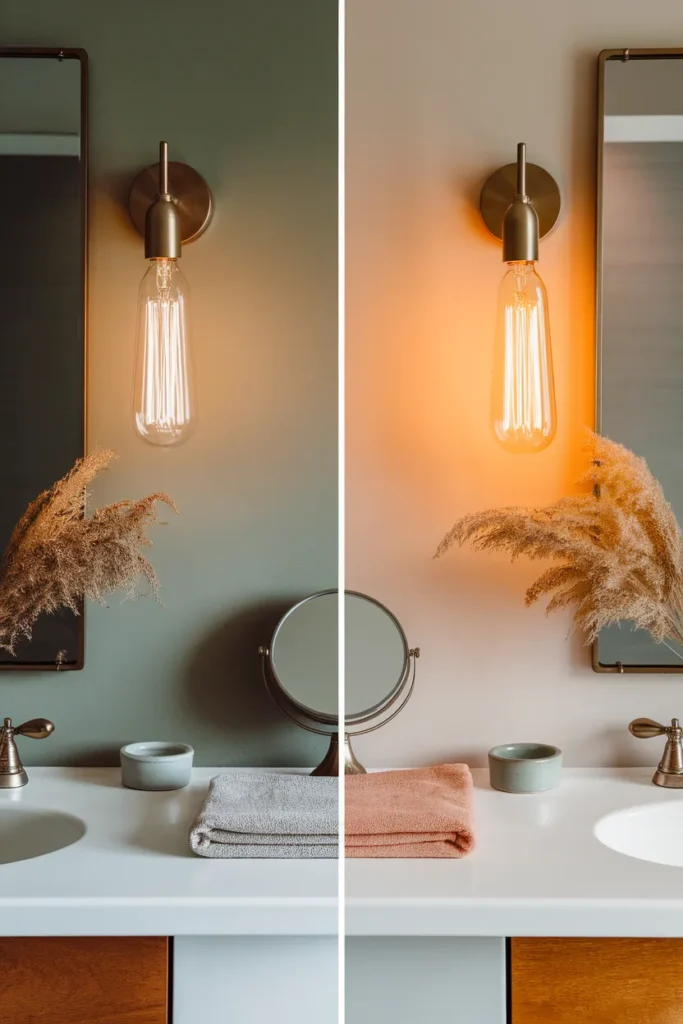 Bathroom vanity shown under cool white and warm 2700K bulbs side by side.