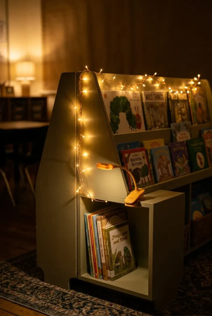 Battery string lights and clip-on light on a freestanding classroom bookshelf, no drilling.