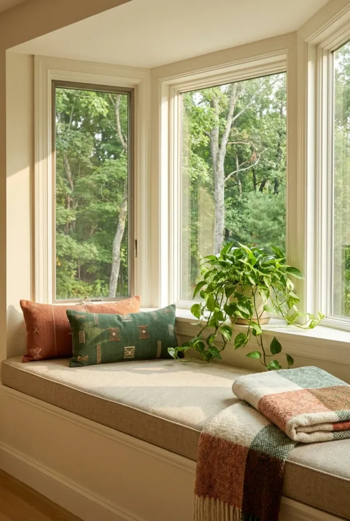 Bay window seat reading nook for two with an oatmeal cushion, wool throw, and trailing plant.