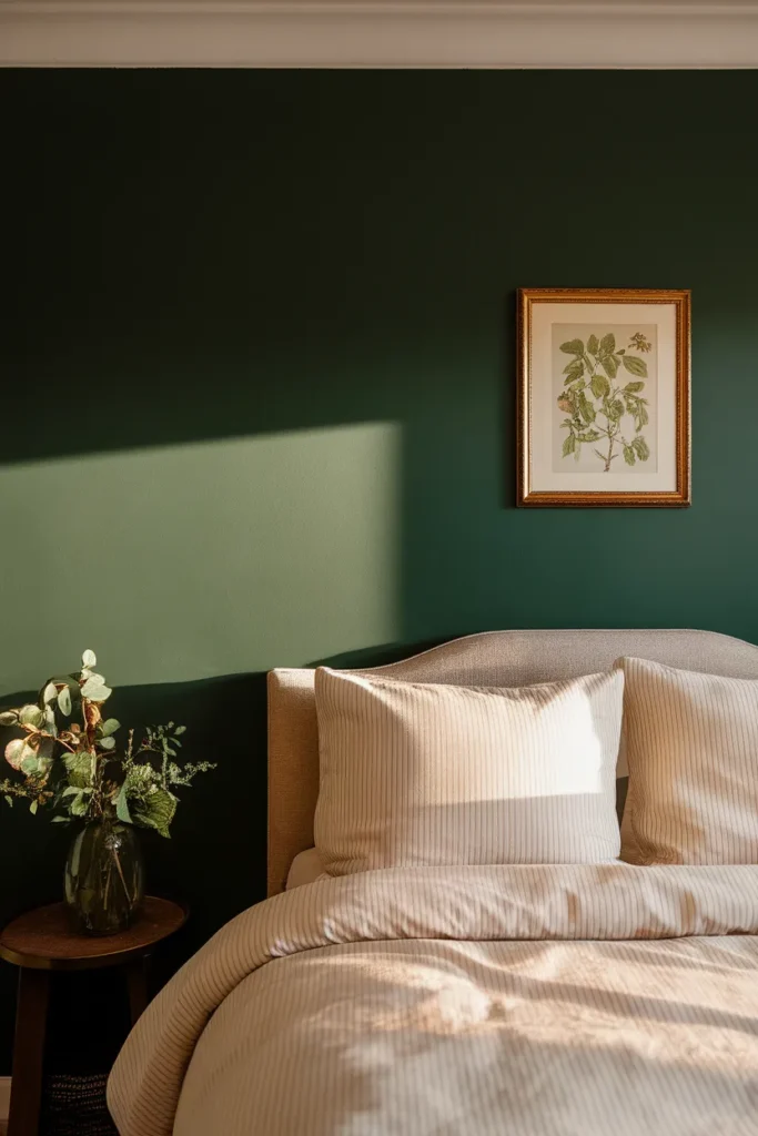 Bed against a deep forest green accent wall in late golden light