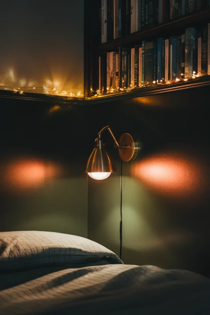 Bedroom at night lit by a warm swing arm sconce and fairy lights on a bookcase