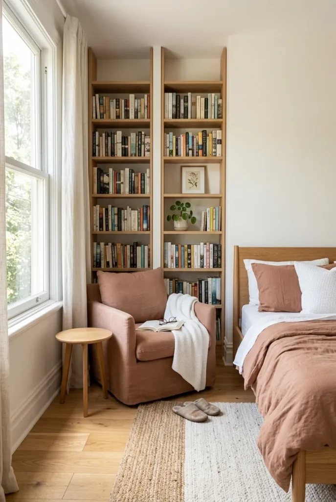 Bedroom corner library beside a window with tall slim shelves and a small chair