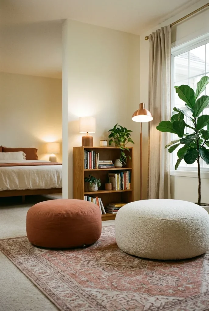 Bedroom corner reading nook for two with poufs, a bookcase, and a rug set apart from the bed.