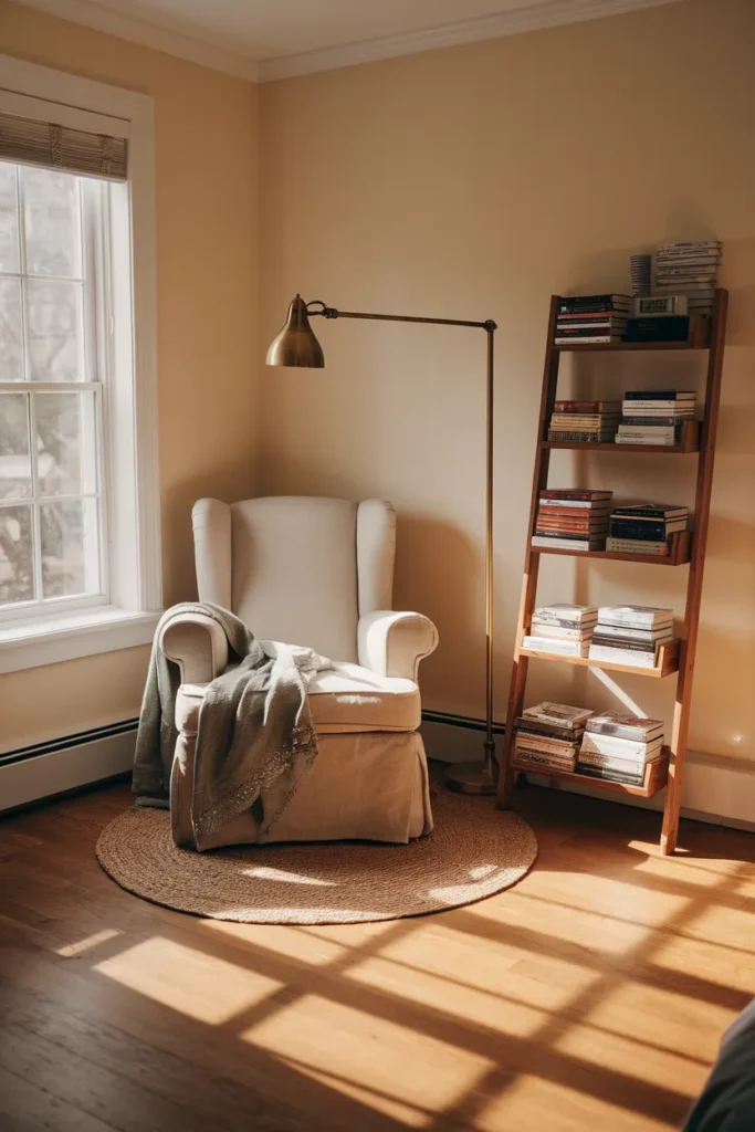 Bedroom reading corner with armchair, ladder shelf, and swing-arm lamp