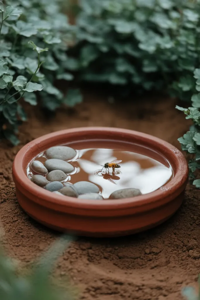Bee drinking from a pebble-filled terracotta saucer beside bare soil.