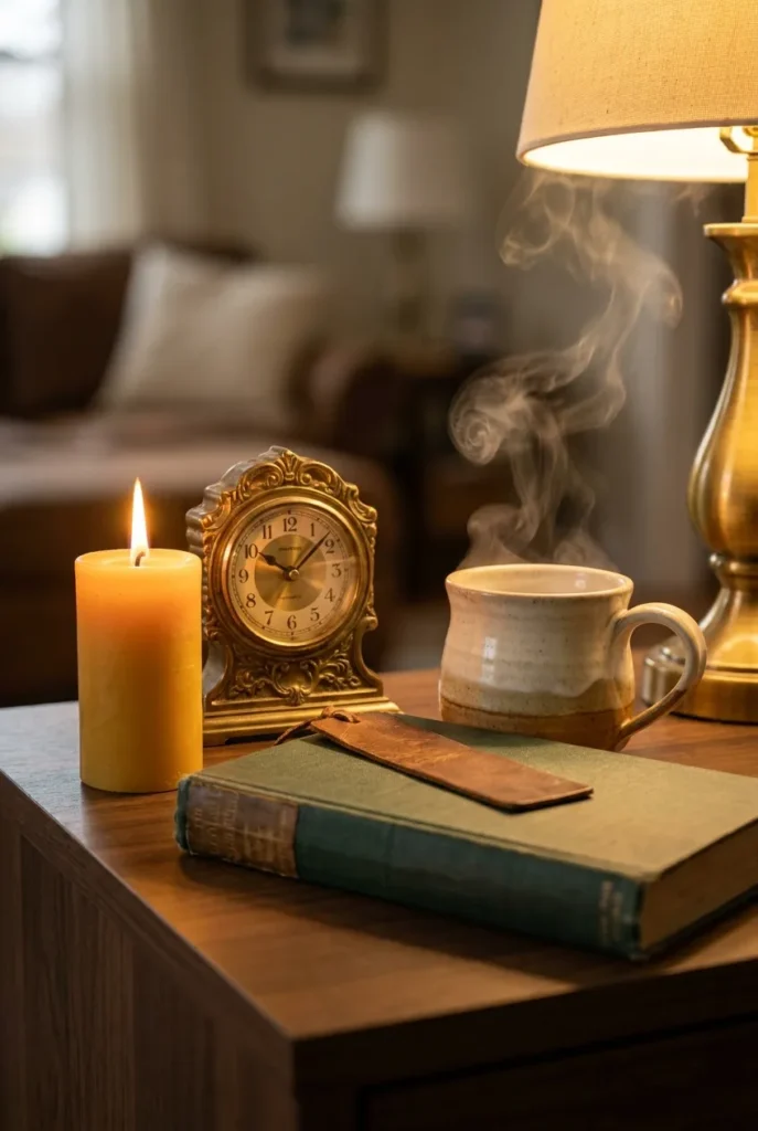 Beeswax candle, brass clock, and a steaming mug on a wood side table in a cozy reading corner.