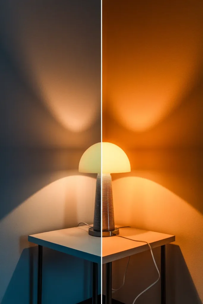 Before and after comparison of a rental corner under cool white 4000K light versus warm 2700K light