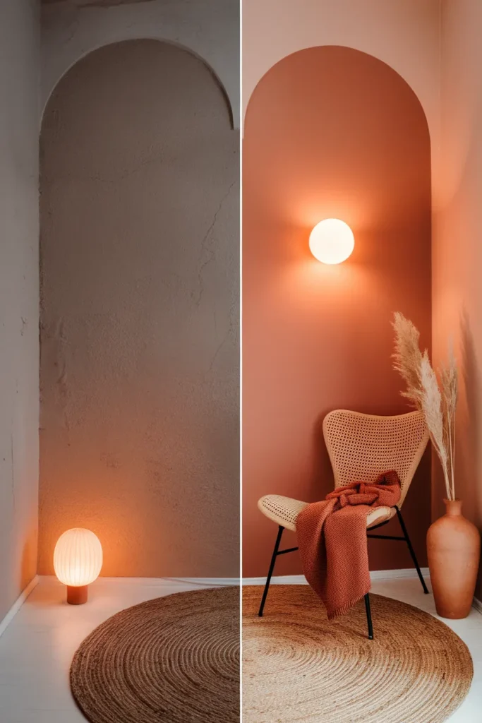 Before and after of a bare corner transformed into a warm terracotta reading nook.