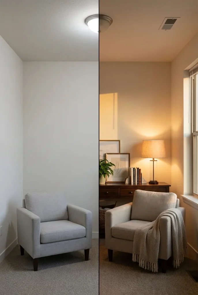 Before and after of a bare corner turned into a cozy console table reading nook.