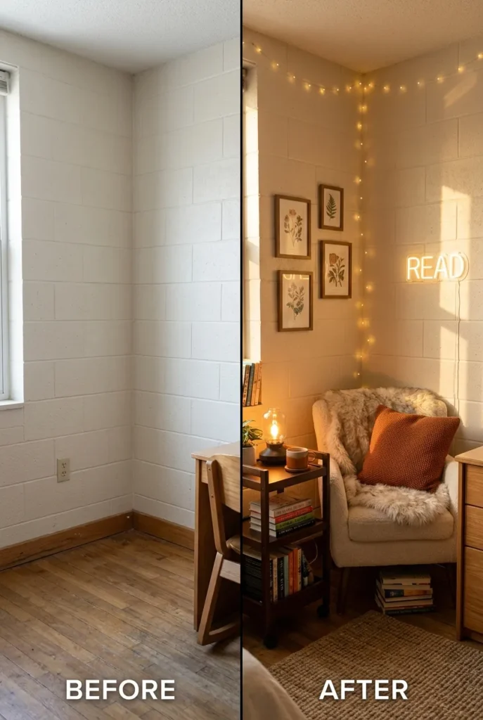 Before and after of a bare dorm corner transformed into a cozy no-damage reading nook.