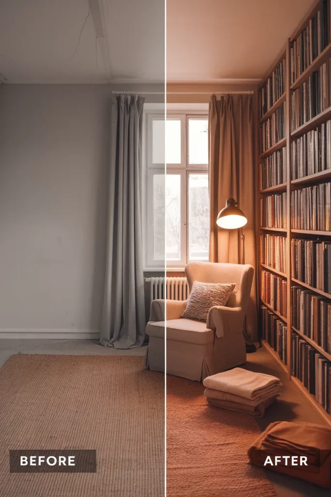 Before and after of a bare studio corner layered with rug, curtains and full bookcase.
