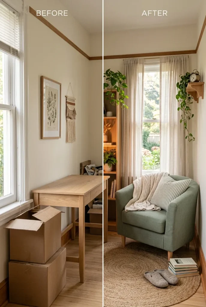 Before and after of a bedroom corner turned into a cozy reading nook desk combo.