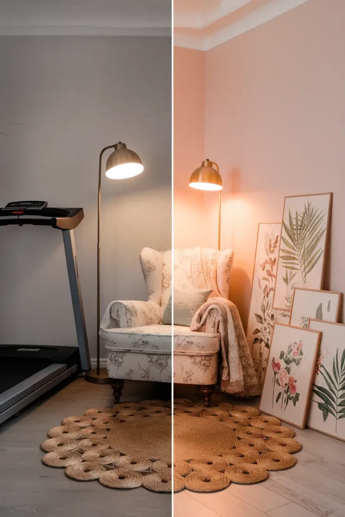 Before and after of a budget vintage cottagecore corner styled with thrifted finds