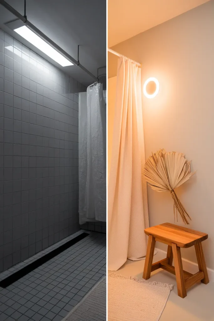 Before and after of a builder bathroom turned into rustic cottage bathroom decor.