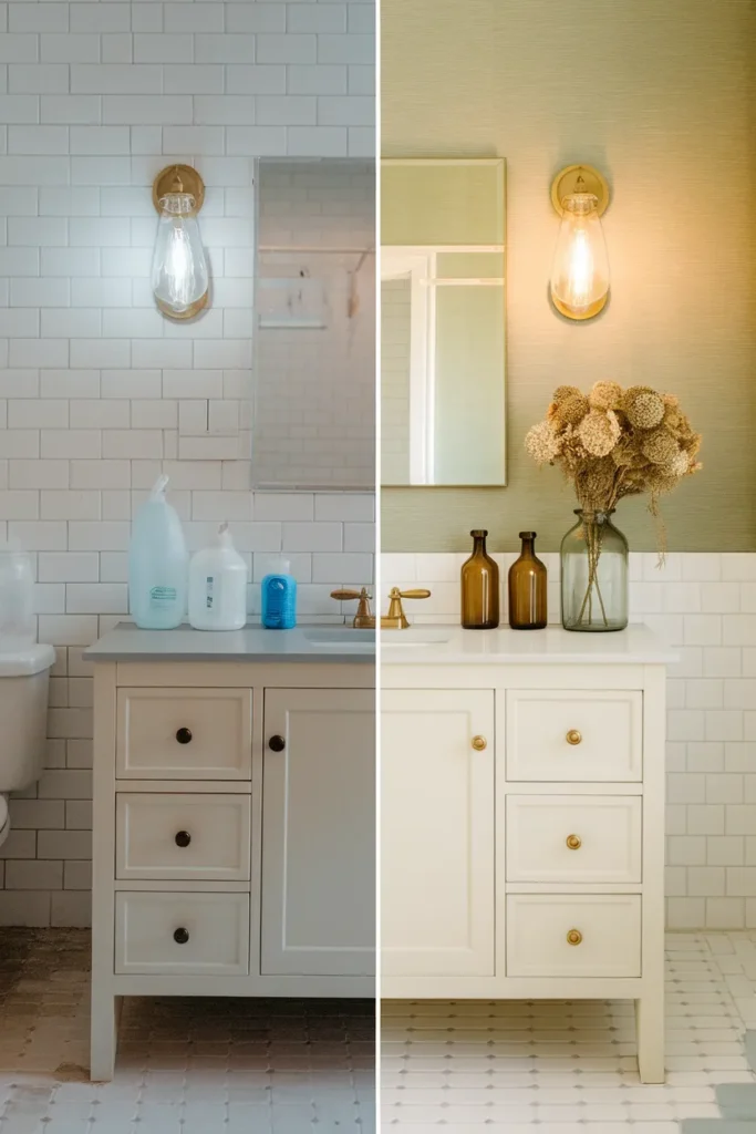 Before and after of a builder grade bathroom vanity restyled with wallpaper and warm sconces