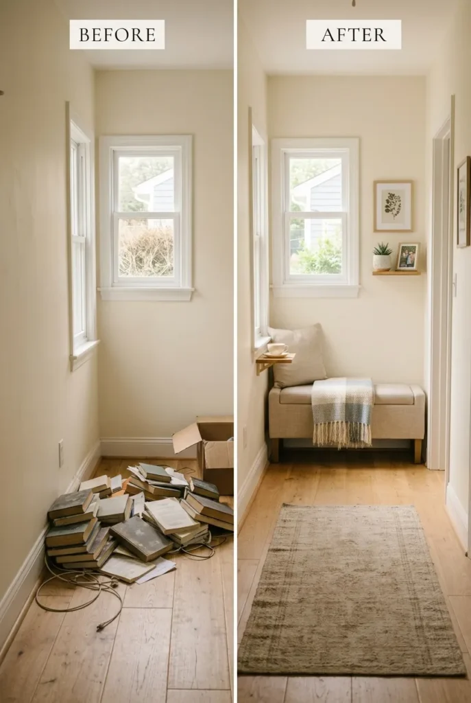 Before and after of a cluttered hallway corner turned into a finished cozy reading nook.