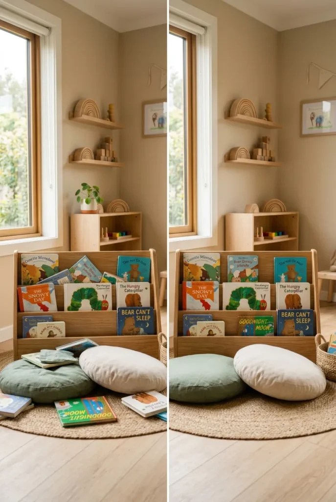 Before and after of a daycare reading corner reset with tidy cushions and faced books.