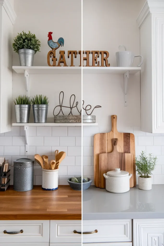 Before and after of a farmhouse kitchen counter, cluttered versus edited to three pieces.