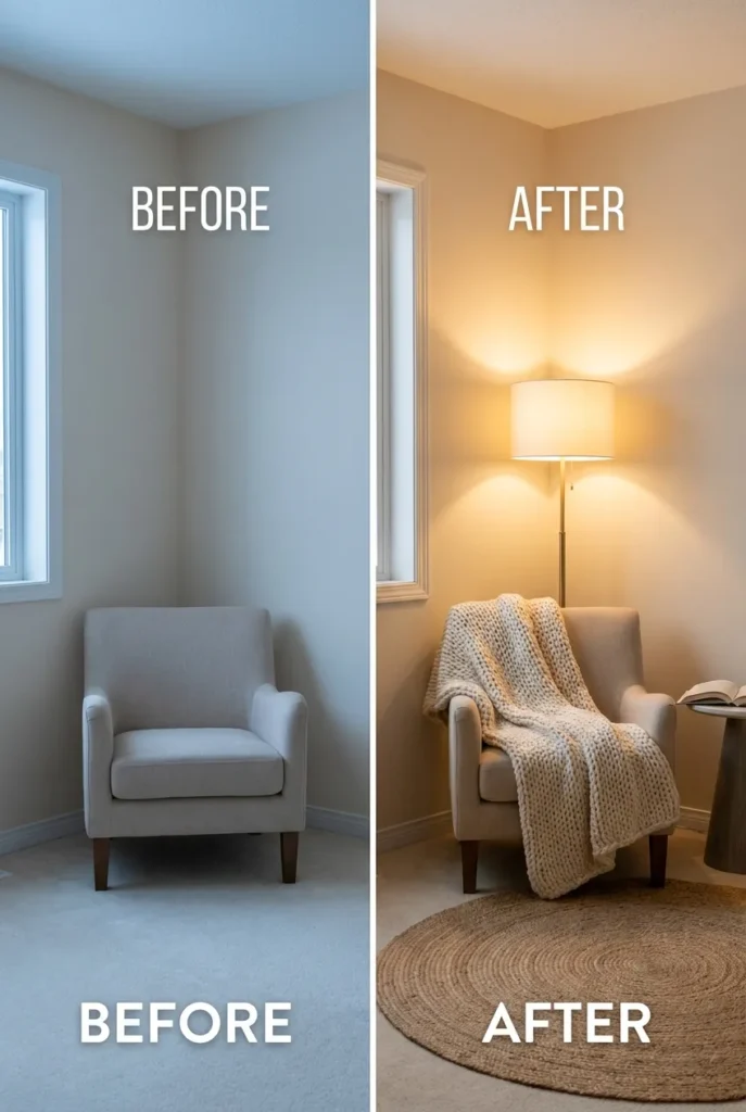 Before and after of a flat beige corner transformed into a layered neutral reading nook.