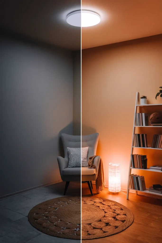 Before and after of a living room corner, harsh ceiling light versus warm lamp-lit reading nook. Cozy Living Room Ideas