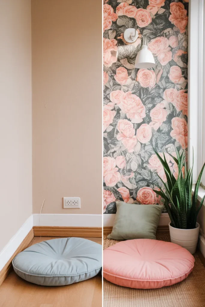Before and after of a plain corner transformed into a budget floral reading nook.