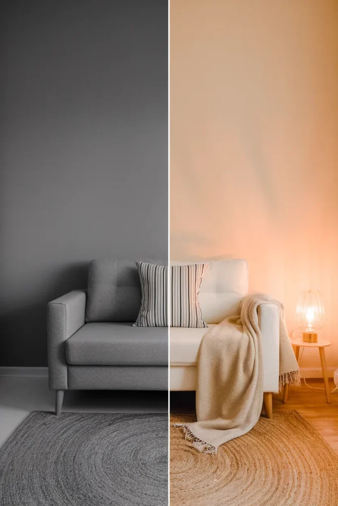 Before and after of a plain living room corner warmed with a rug, throw, and lamp