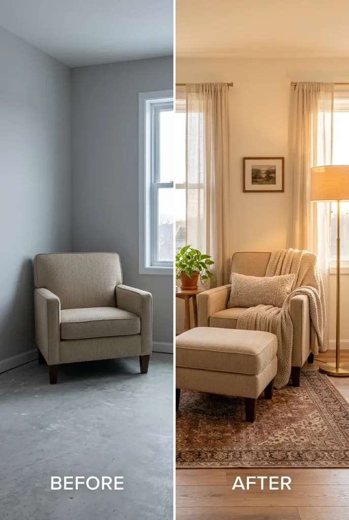 Before and after of a reading nook corner transformed by adding an ottoman and throw.
