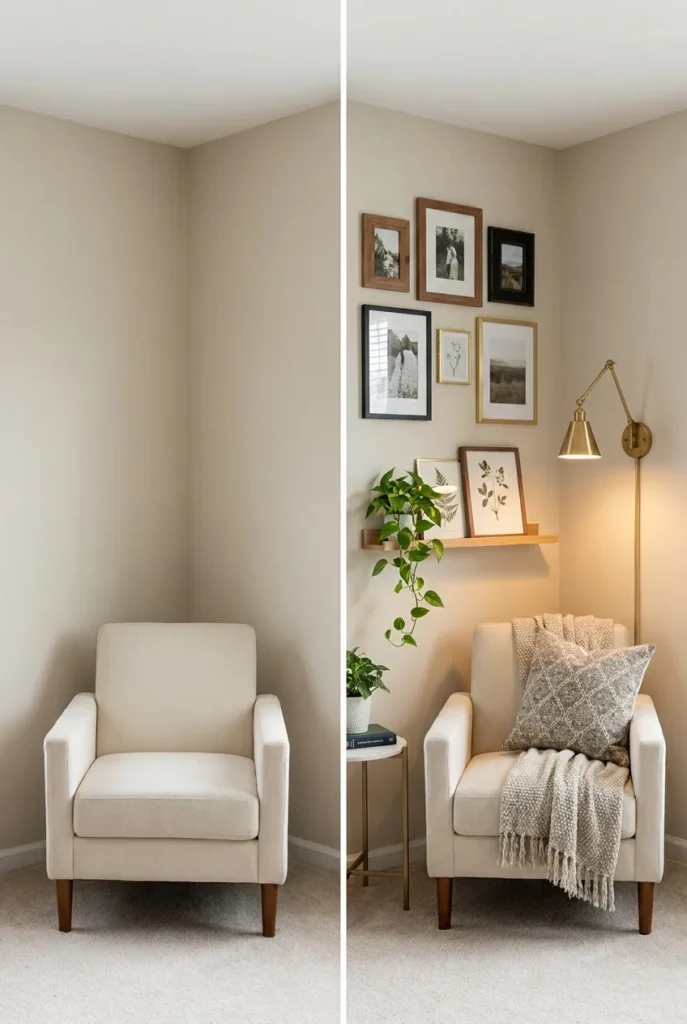 Before and after of a reading nook corner with a new gallery wall added.
