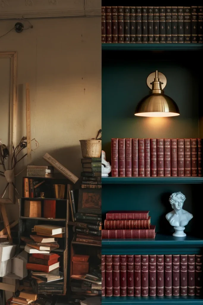 Before and after of a reading nook shelf restyled in a moody dark academia look.