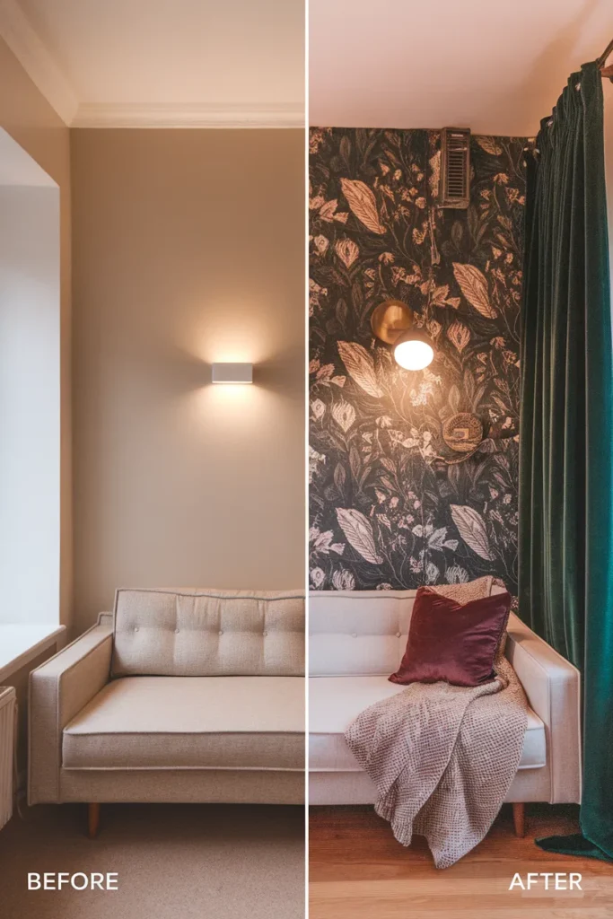 Before and after of a rental corner styled into a renter friendly dark cottagecore living room.