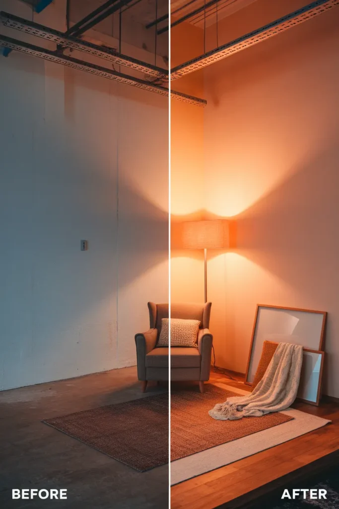 Before and after of a rental corner transformed with warm lamp, rug and armchair