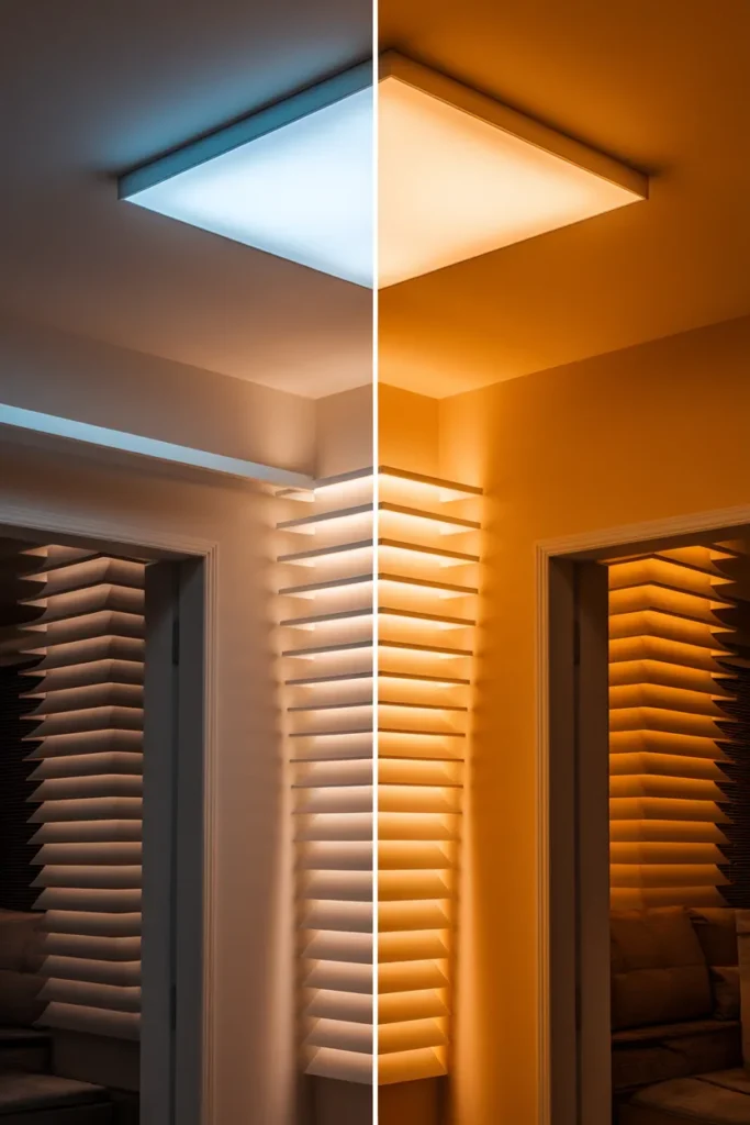 Before and after of a room in cold ceiling light versus warm layered lighting.