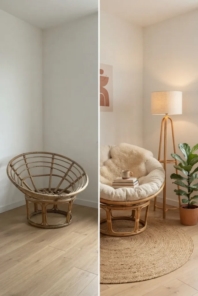 Before and after of a secondhand papasan turned into a finished cozy reading nook.