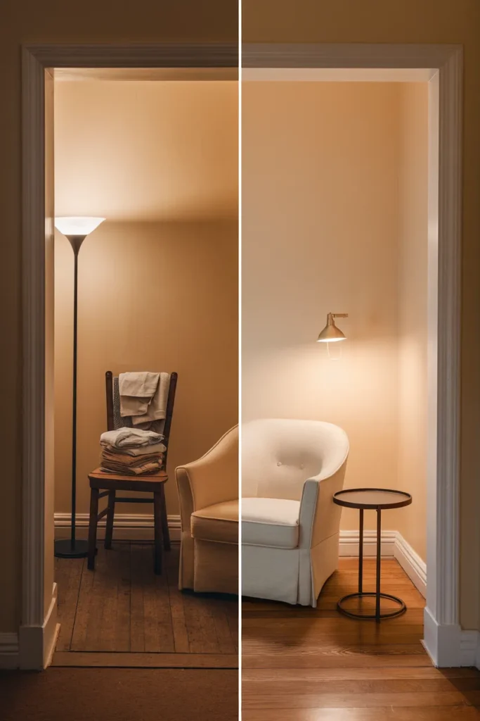 Before and after of an apartment corner showing three crowded pieces replaced by one chair and a sconce. Space Saving Furniture for a Small Apartment
