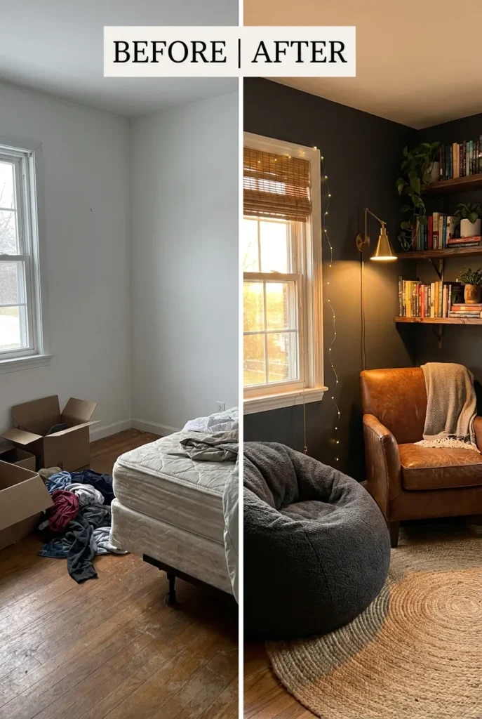 Before and after of an empty corner turned into a teen boy reading nook.