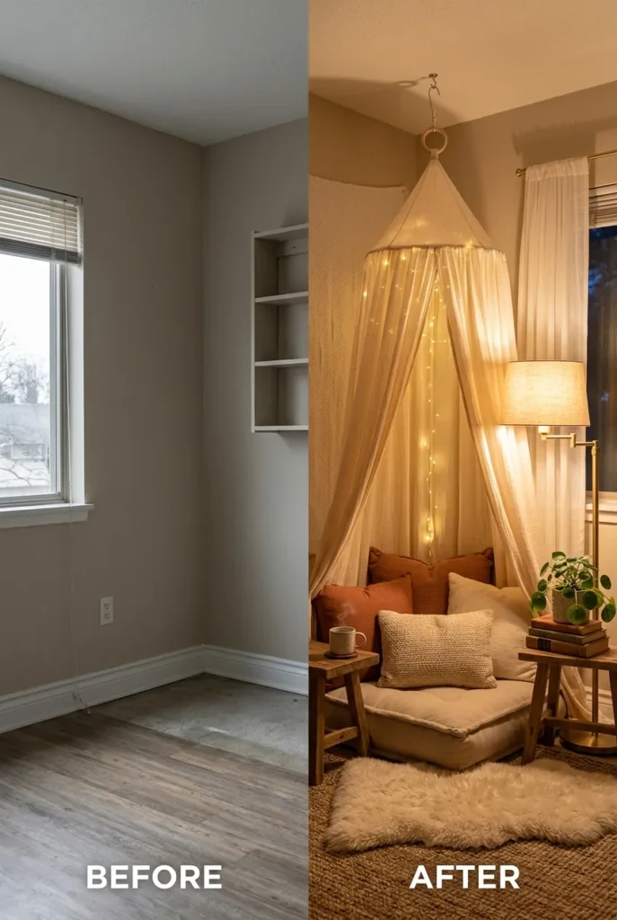 Before and after of an empty rental corner turned into a canopy reading nook.